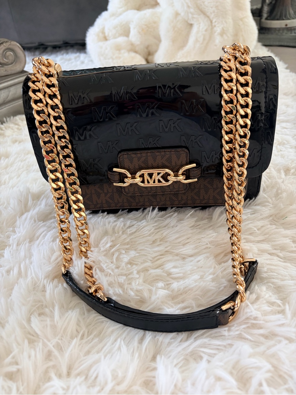 Michael Kors Black Patent & Brown Logo Shoulder Bag with Gold Chain